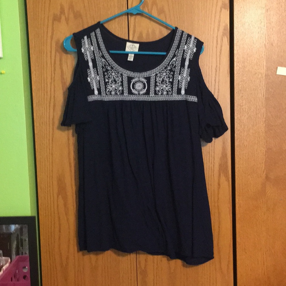 Off the shoulder, shirt sleeve, navy blouse